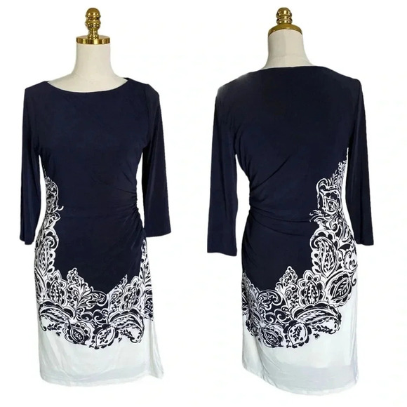 RALPH LAUREN |Women’s Navy/White Paisley Print Sheath Midi Bodycon Dress Sz 10P - Picture 7 of 9